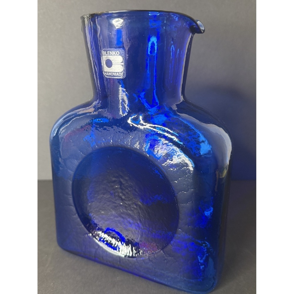 VTG Blenko Glass 384 Cobalt Blue Double Spout Water Bottle Pitcher Foil Label